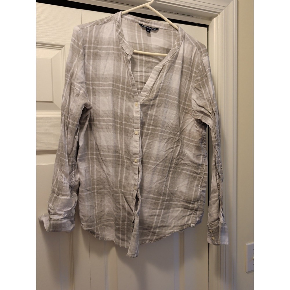 Calvin Klein Jeans Womens XL Split Neck Top Grey White Plaid Button Up Shirt